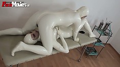 Tanja and Agate wear white latex suits and have wild and freaky sex