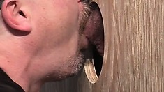 Mustachioed Gay Has Found A Hard Rod In A Glory Hole To Suck