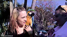 The two beautiful blondes smile as a parrot sits on their shoulder